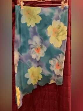 Floral Watercolor Midi Skirt in Teal and Yellow